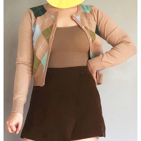CIDER Womens Argyle Print Knit Crop Cardigan Sweater Jacket Retro S NWT - Picture 7 of 7